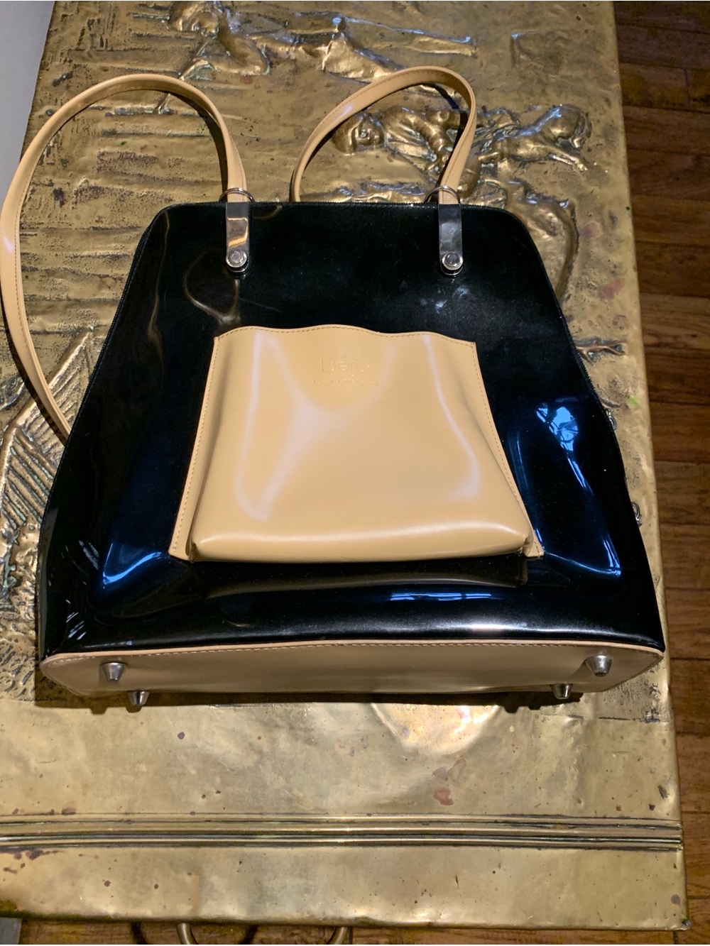 Beijo Black and Cream Patent Tote with Front Pocket